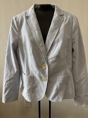 Talbots Seersucker Jacket Blazer Blue White Size 6 Preppy Coastal